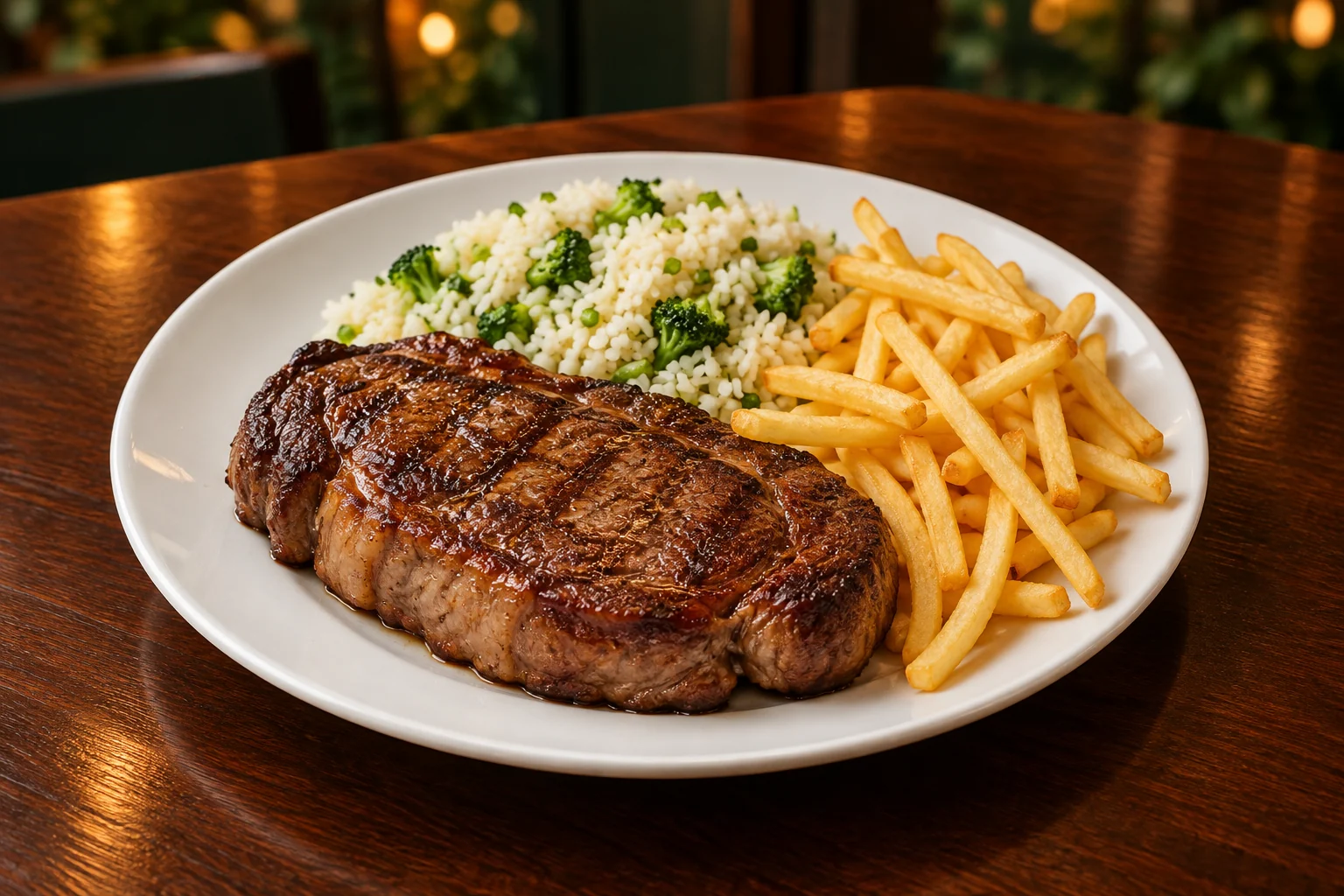 Bife ancho grelhado com arroz de brócolis e fritas palito