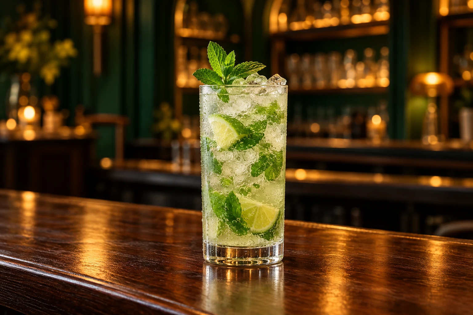 Mojito com limão, hortelã e gelo sobre um balcão de madeira